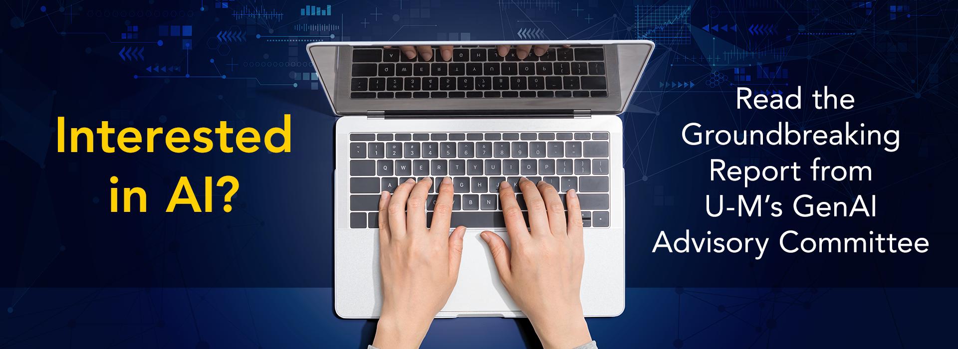 The image features a close-up view of a person's hands typing on a laptop keyboard. The background is dark blue, with subtle digital and geometric patterns symbolizing technology and data, adding a sense of complexity and innovation. 